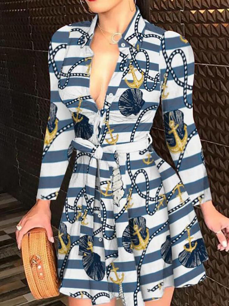 Printed V Neck Belt Dresses
