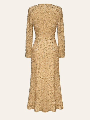 Sequin Decorated Velvet Midi Dress In Beige