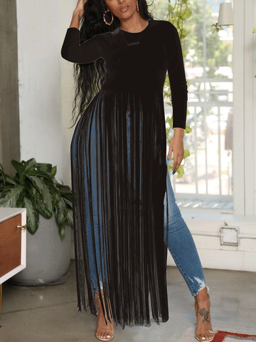 Solid Long Sleeve Tassels Tops