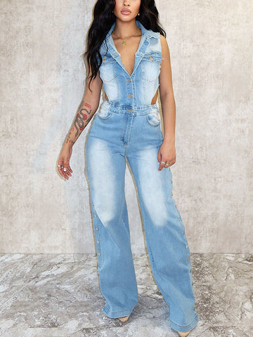 Snap It Out Wide Denim Jumpsuits