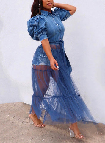 Denim Mesh Tulle Tops