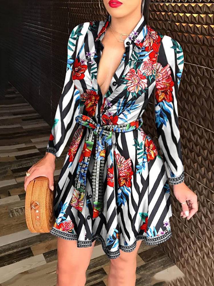 Printed V Neck Belt Dresses