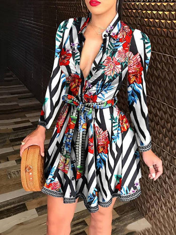 Printed V Neck Belt Dresses