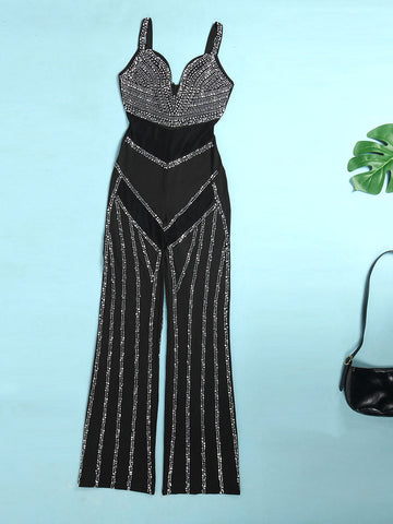 Rhinestone Mesh Contrast Jumpsuits