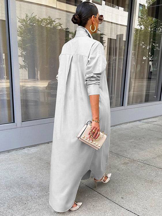 Solid Button Split Shirt Dresses
