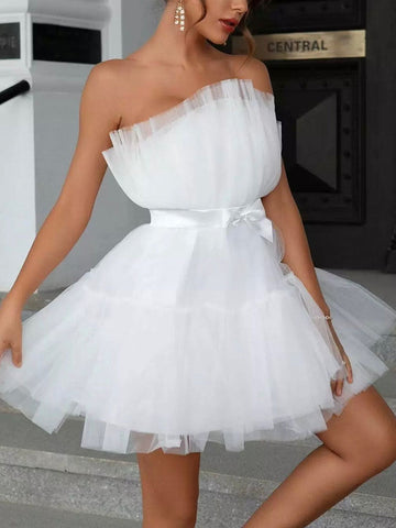 Bow Decor Layered Tulle Cocktail Dresses