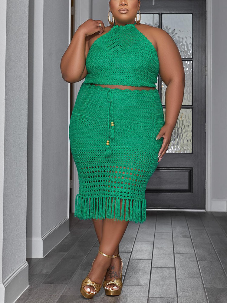 Crochet Halter Top Tassels Skirt Set