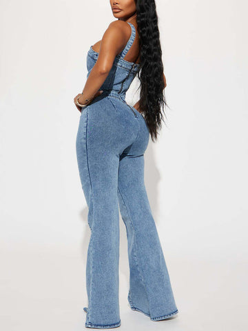 Sleeveless Flared Denim Jumpsuits