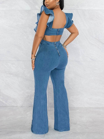 Ruffle Denim Jumpsuits
