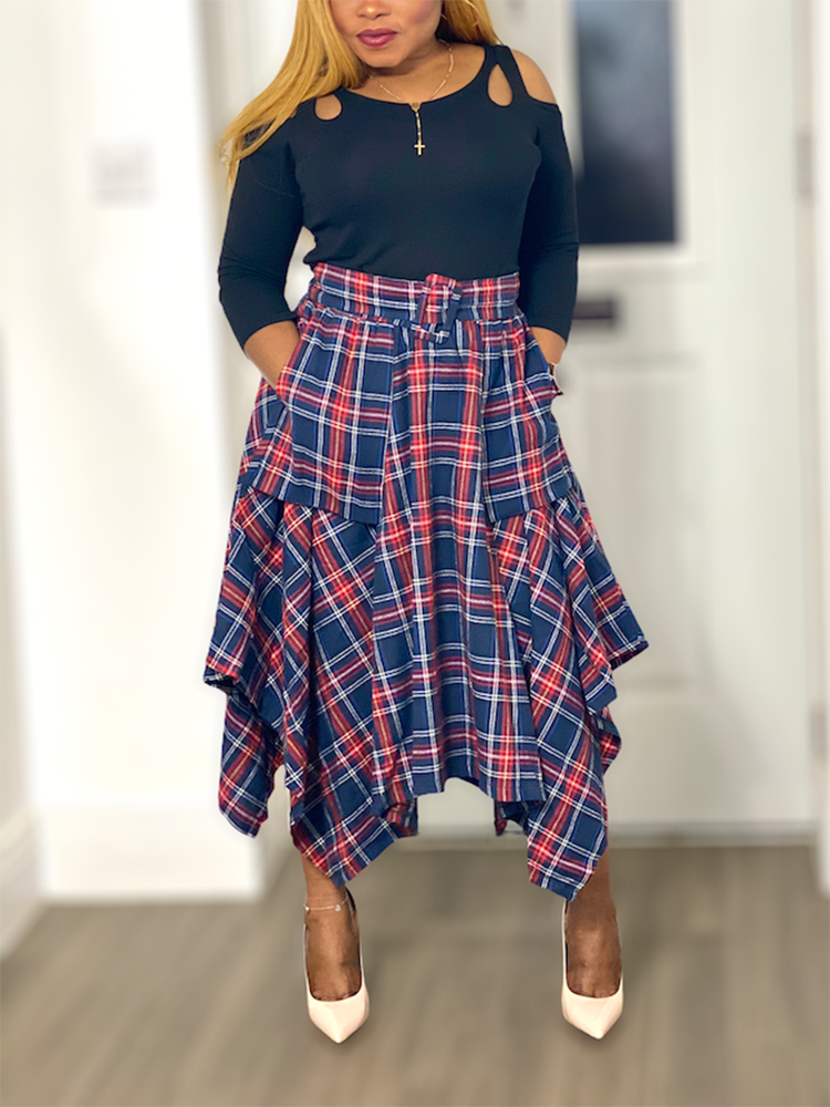 Asymmetric Plaid Midi Skirts