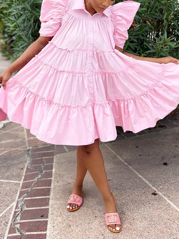 Puff Sleeve Ruffle Shirt Dresses