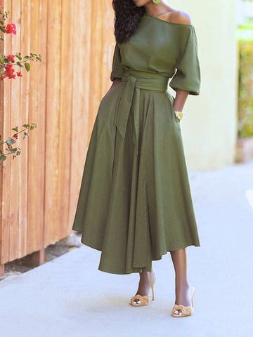 Oblique Neckline Half Sleeve Maxi Dresses