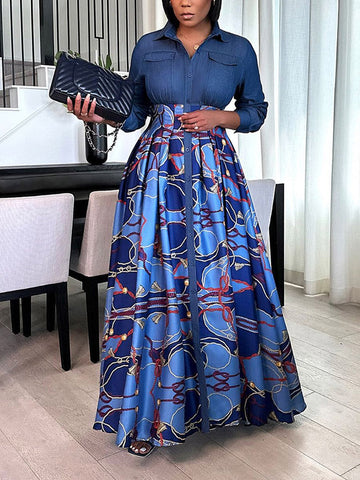 Denim Contrast Print Dresses