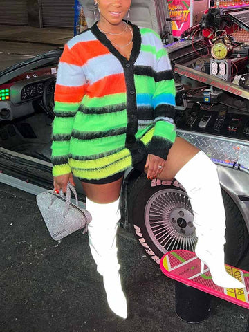 Color Block Striped Fleece Cardigans