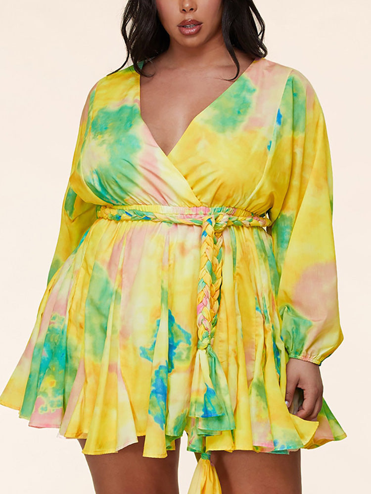 Tie Dye With Belt V Neck Dresses