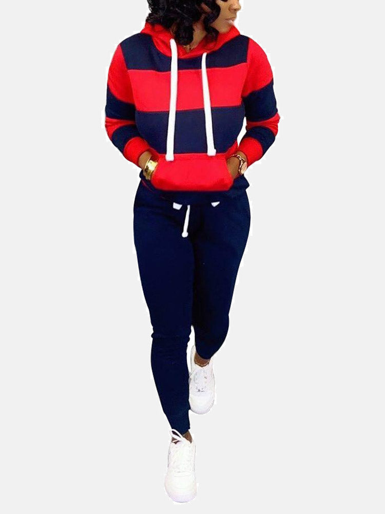 Striped Kangaroo Pocket Hooded Pants Set