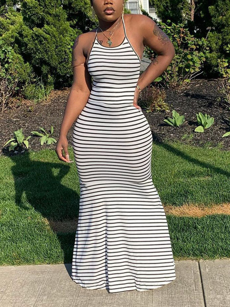Striped Backless Strappy Maxi Dresses