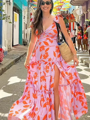 Ruffle Trim Beach Vacation Printed Swimsuit Set