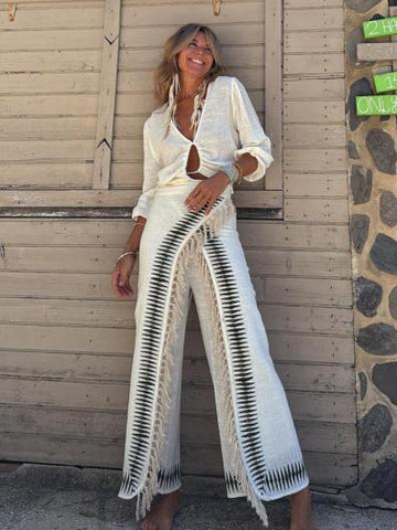 Elar Contrast Black Fringe Pants Set