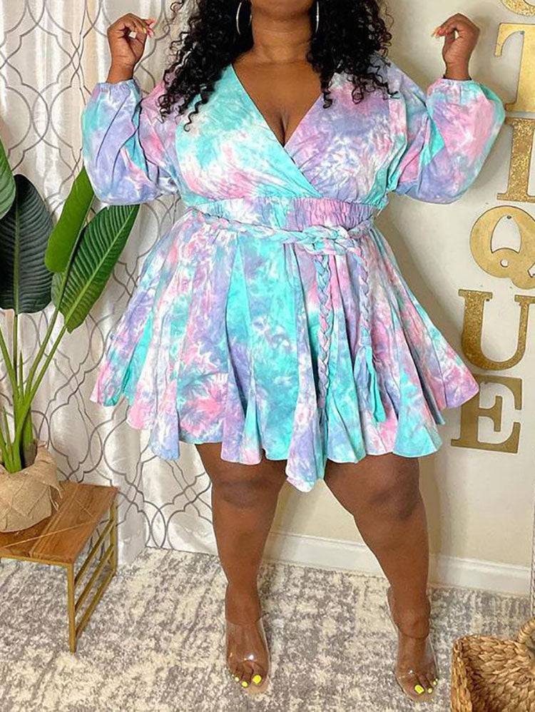 Tie Dye With Belt V Neck Dresses