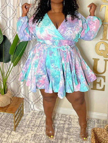 Tie Dye With Belt V Neck Dresses