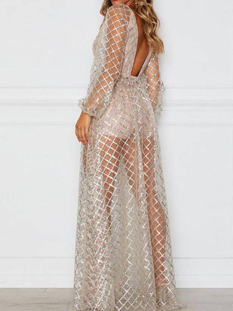 Sequin Mesh V Neck Maxi Dresses