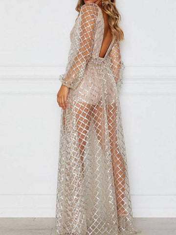 Sequin Mesh V Neck Maxi Dresses