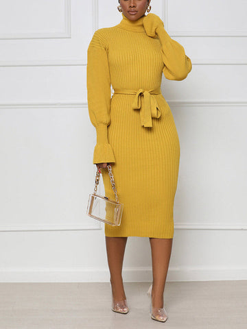 Turtleneck Knit Tie Waist Dresses