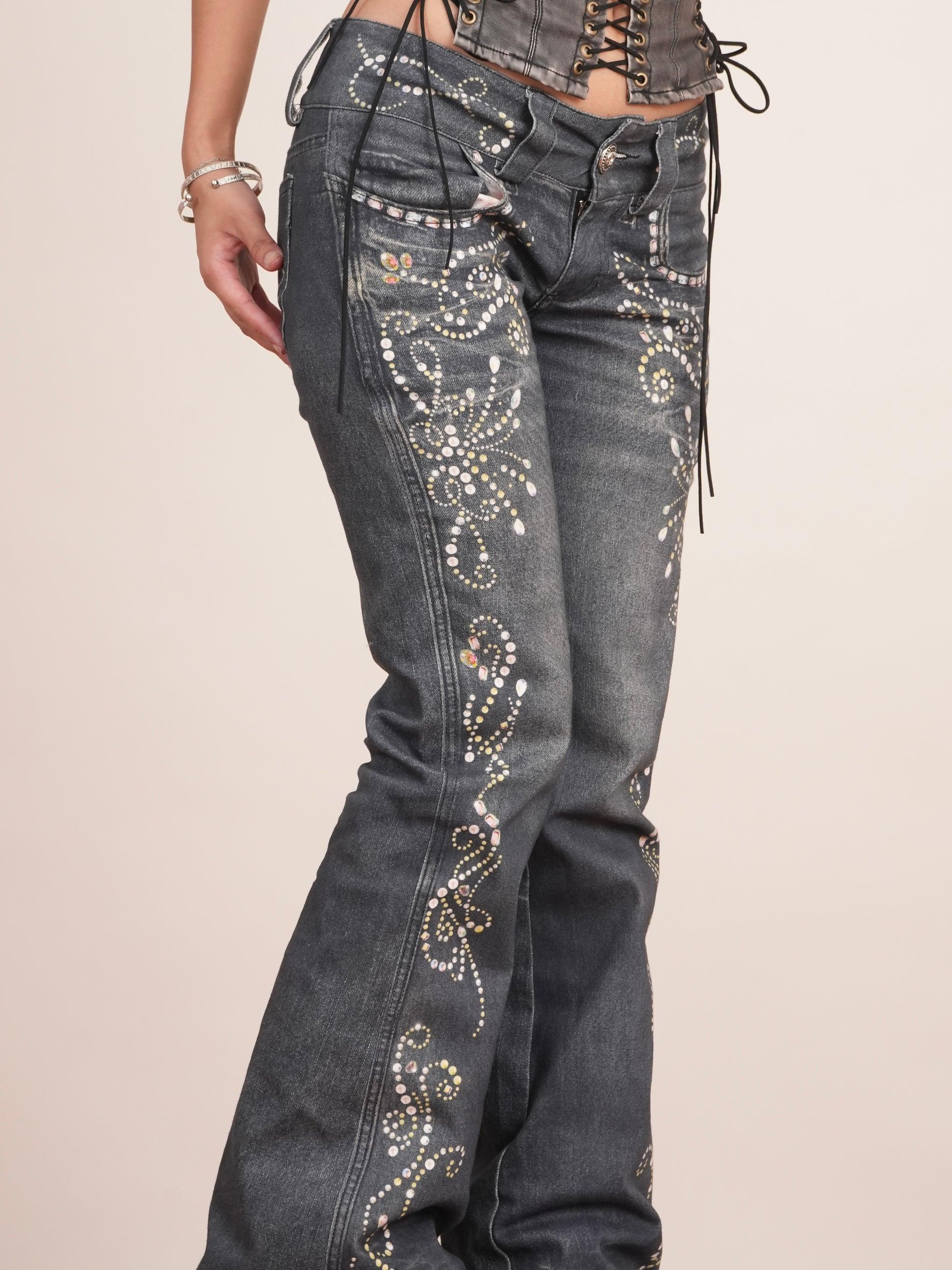 Rhinestone Pattern Silhouette Flared Jeans