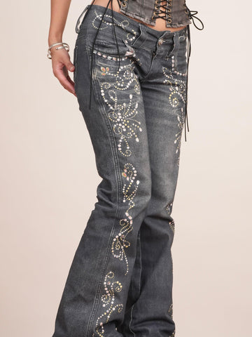 Rhinestone Pattern Silhouette Flared Jeans
