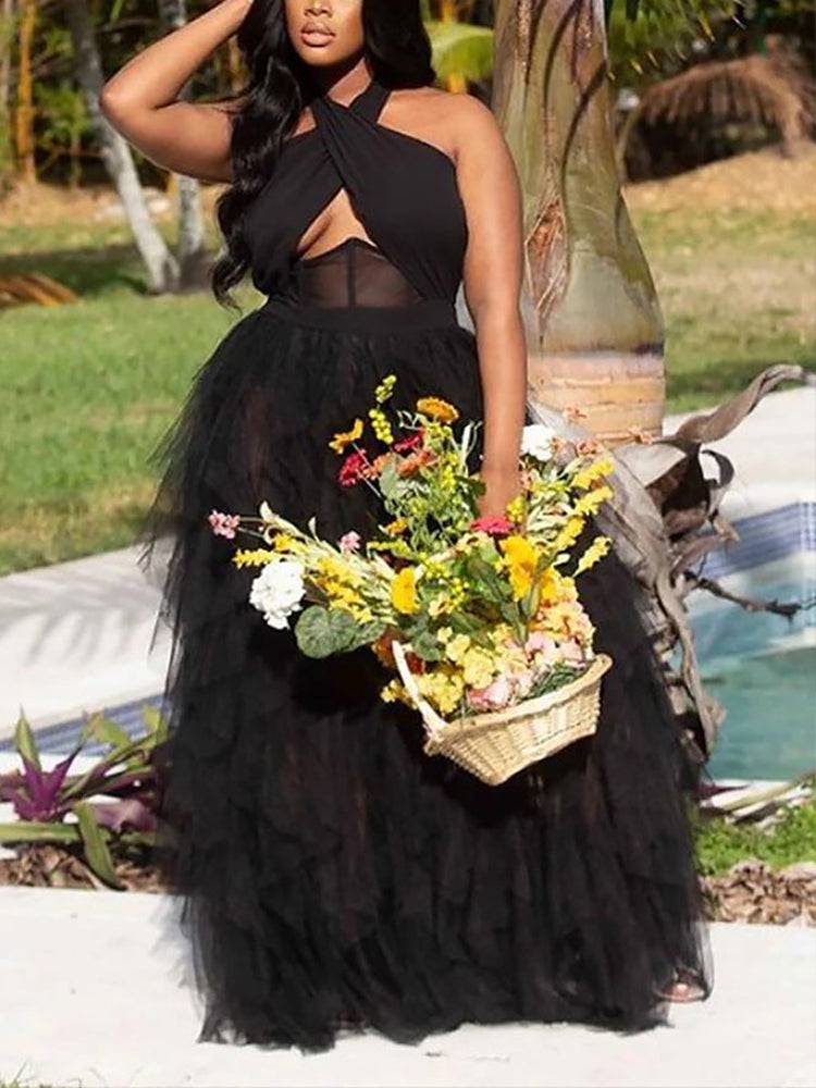Backless Halter Mesh Party Maxi Dresses