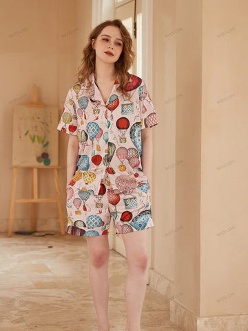 Hot Air Balloon Print Ice Silk Open-Front Short-Sleeve Pajama Set