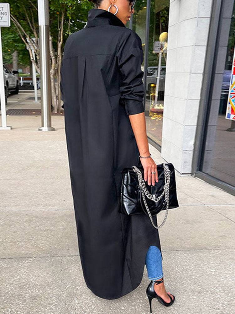 Solid Button Split Shirt Dresses