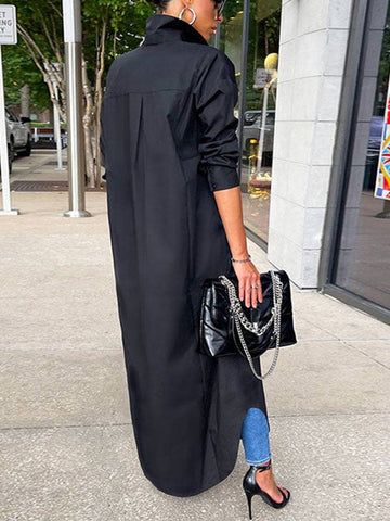 Solid Button Split Shirt Dresses