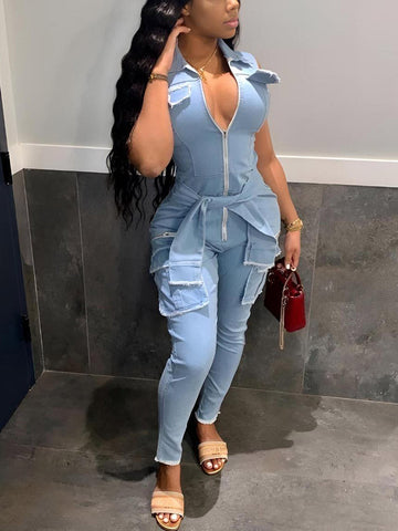 Sleeveless Cargo Denim Jumpsuits