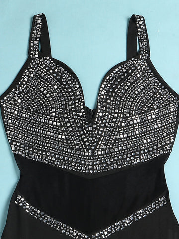 Rhinestone Mesh Contrast Jumpsuits