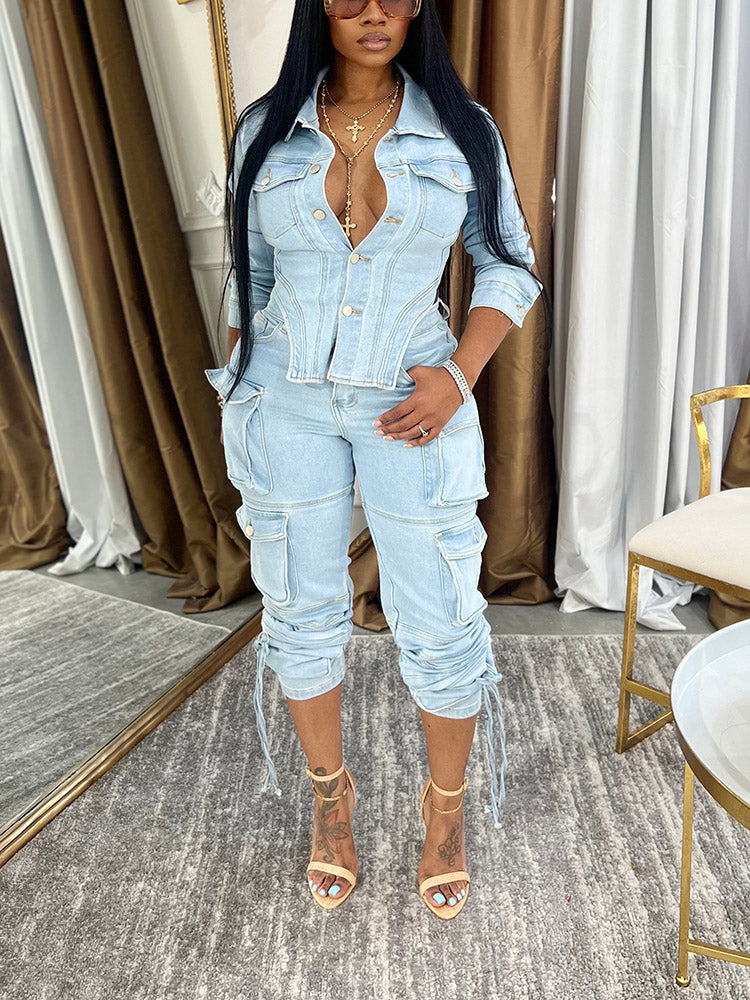 Denim Asymmetrical Jacket  Cargo Jeans Set