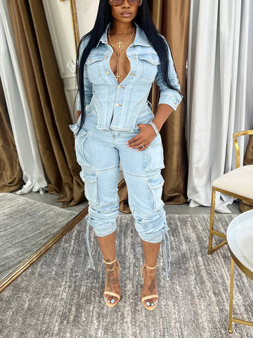 Denim Asymmetrical Jacket  Cargo Jeans Set