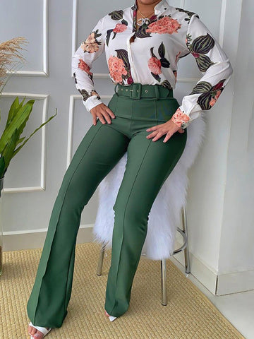 Floral Shirt Flared Pants Set