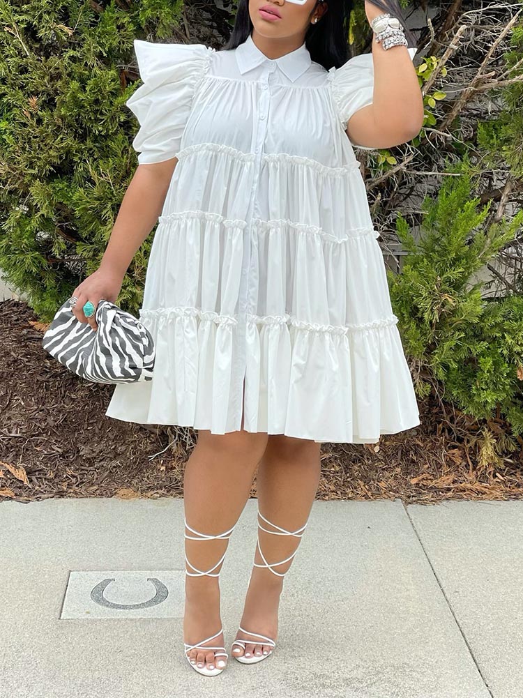 Puff Sleeve Ruffle Shirt Dresses