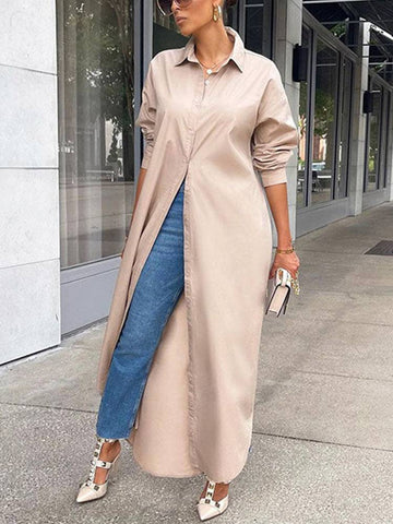 Solid Button Split Shirt Dresses
