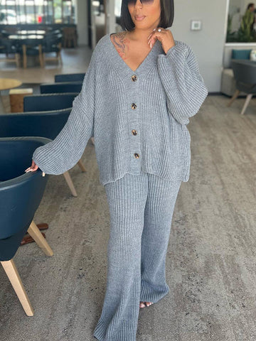 Knit Button Cardigan  Wide Pants Set