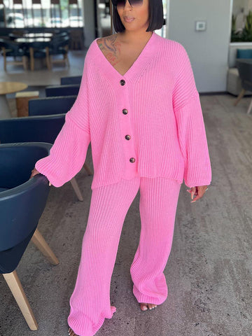 Knit Button Cardigan  Wide Pants Set