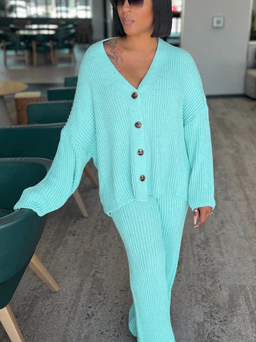 Knit Button Cardigan  Wide Pants Set