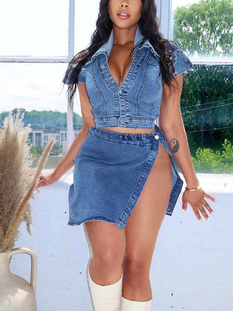Denim Split Skirt Set