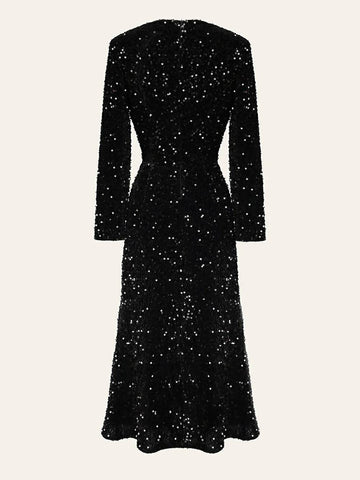 Sequin Decorated Velvet Midi Dress In Black