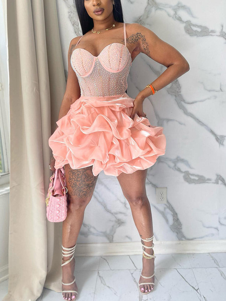 Rhinestone Mesh Ruffle Dresses