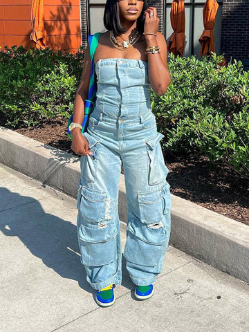 Denim Strapless Cargo Jumpsuits