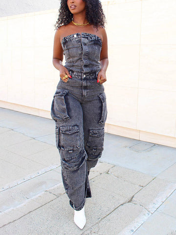 Denim Strapless Cargo Jumpsuits