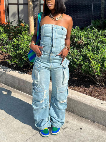 Denim Strapless Cargo Jumpsuits